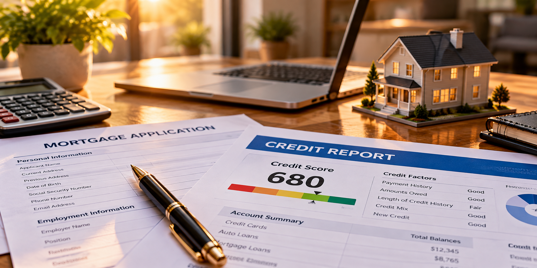 Mortgage application, credit report, calculator, and miniature house representing FHA credit evaluation