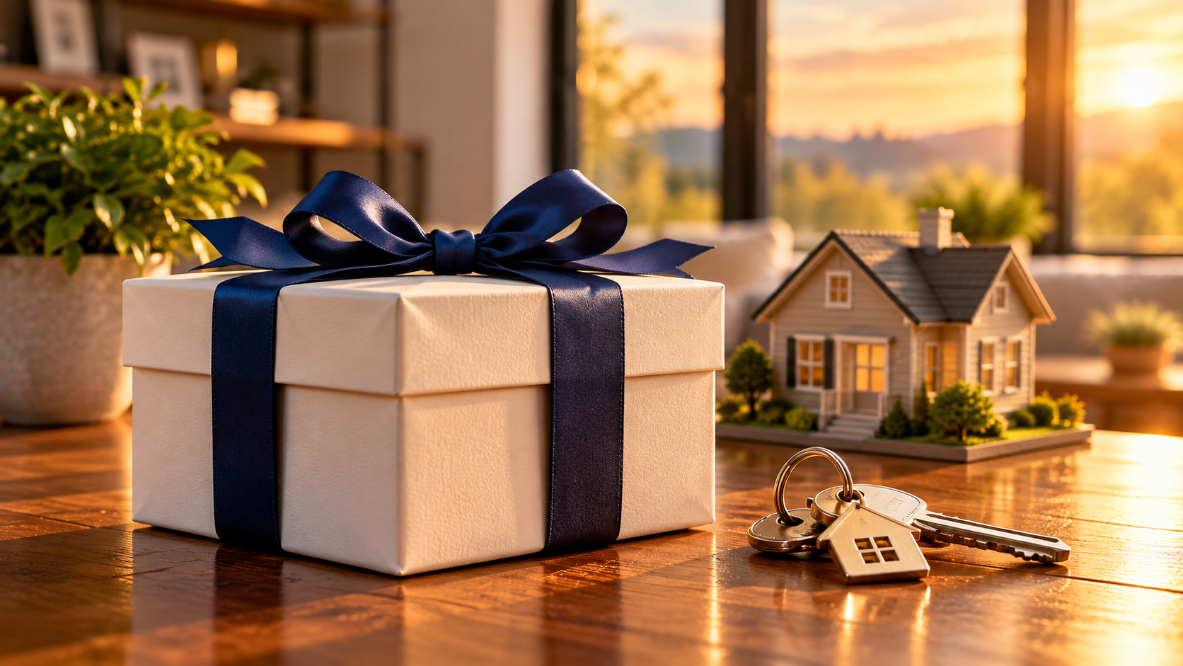 Gift box, house keys, and miniature house representing FHA assistance and gift funds