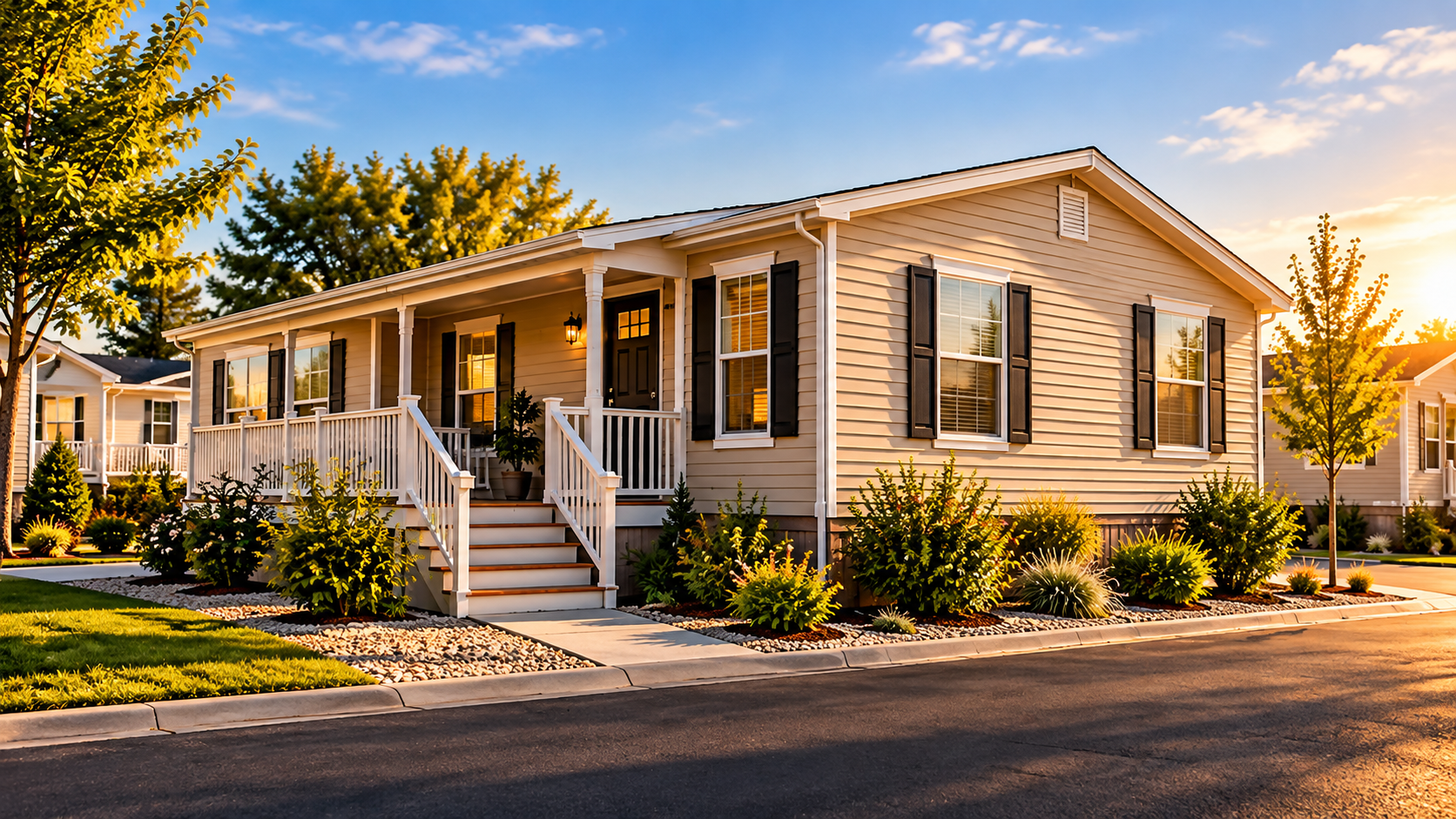 Manufactured home with porch, front steps, and landscaping representing FHA manufactured housing