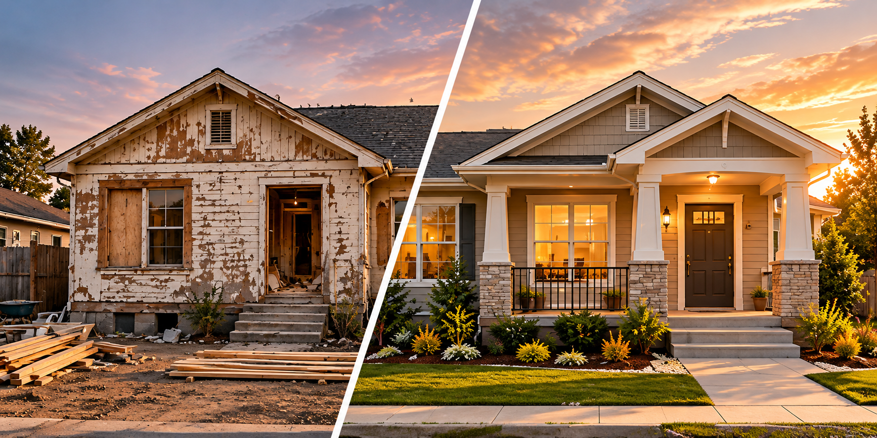 Before-and-after home renovation representing FHA 203(k) renovation financing