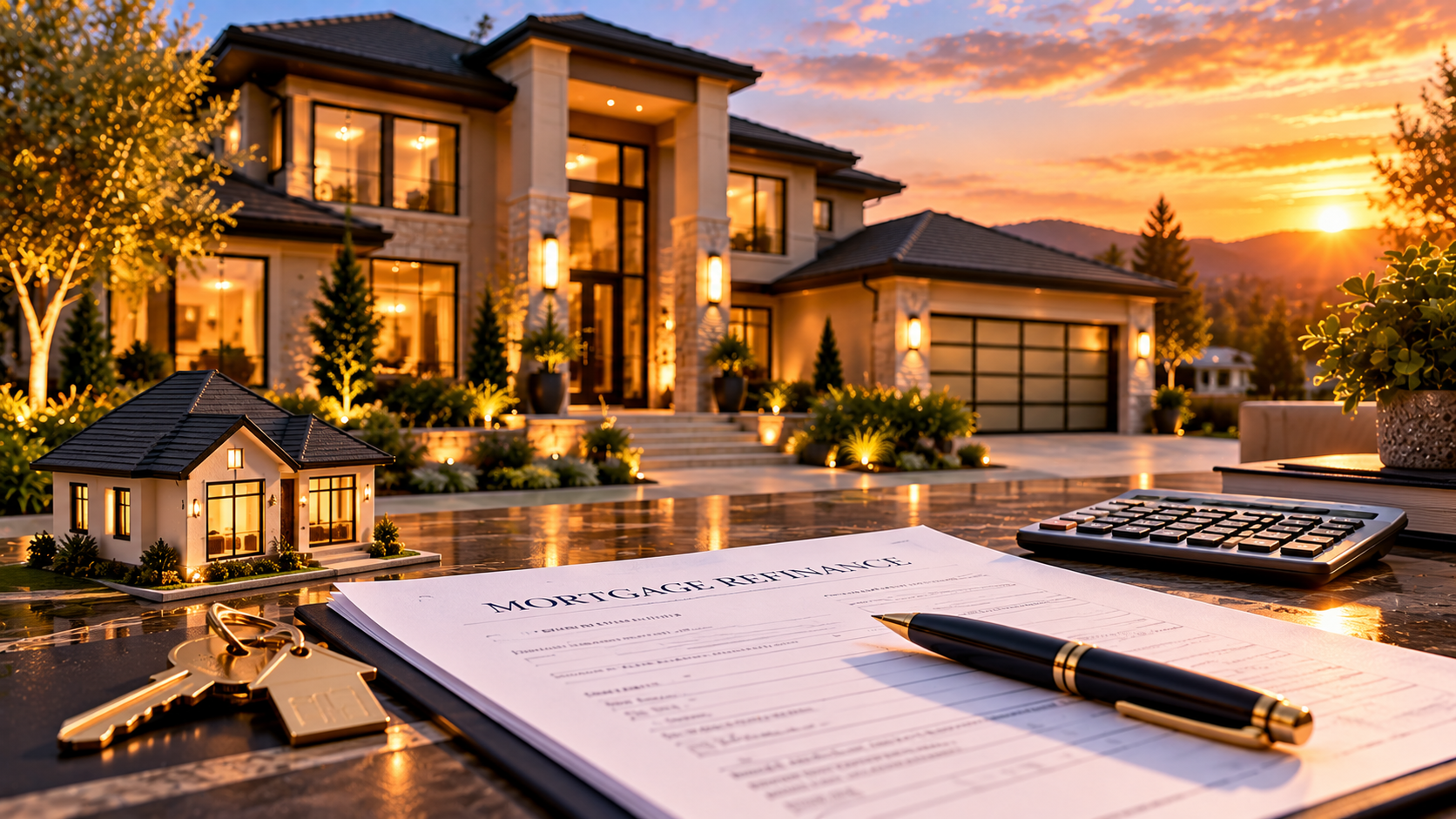 Luxury home, mortgage documents, calculator, and coins representing a high-balance purchase strategy