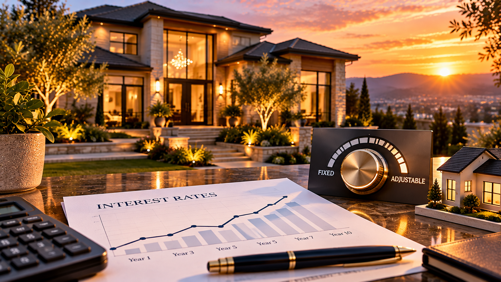 Luxury residence, interest-rate chart, and adjustable-rate dial representing a jumbo ARM