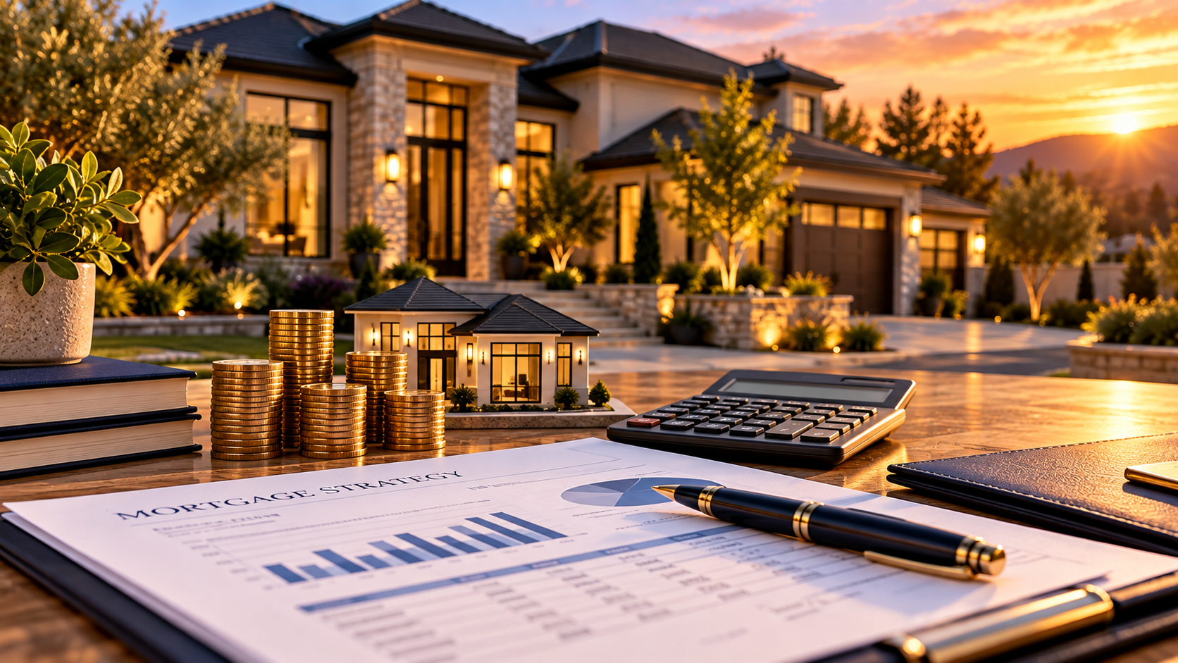 Luxury home, refinance documents, house keys, and calculator representing a jumbo refinance