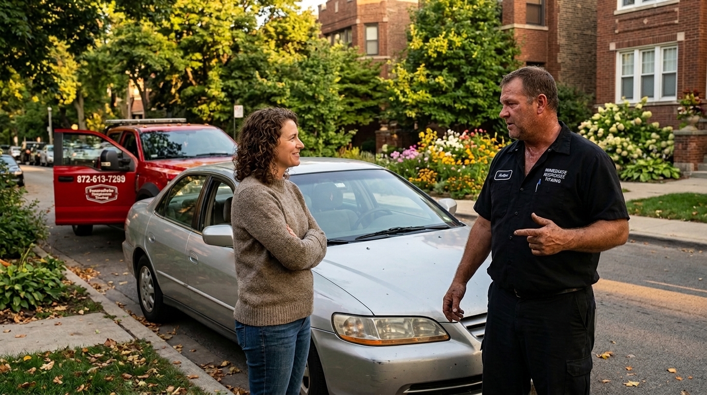 Tow operator explaining the car towing process to a customer beside a red tow truck Tow operator explaining the car towing process to a customer beside a red tow truck