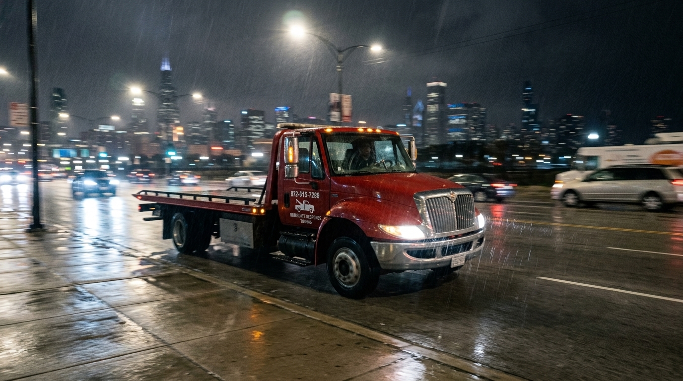 Red Immediate Response tow truck driving through Chicago at night during light rain Red Immediate Response tow truck driving through Chicago at night during light rain