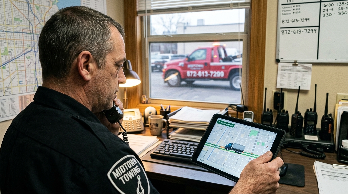 Dispatcher coordinating a car towing pickup while a red tow truck leaves the lot Dispatcher coordinating a car towing pickup while a red tow truck leaves the lot