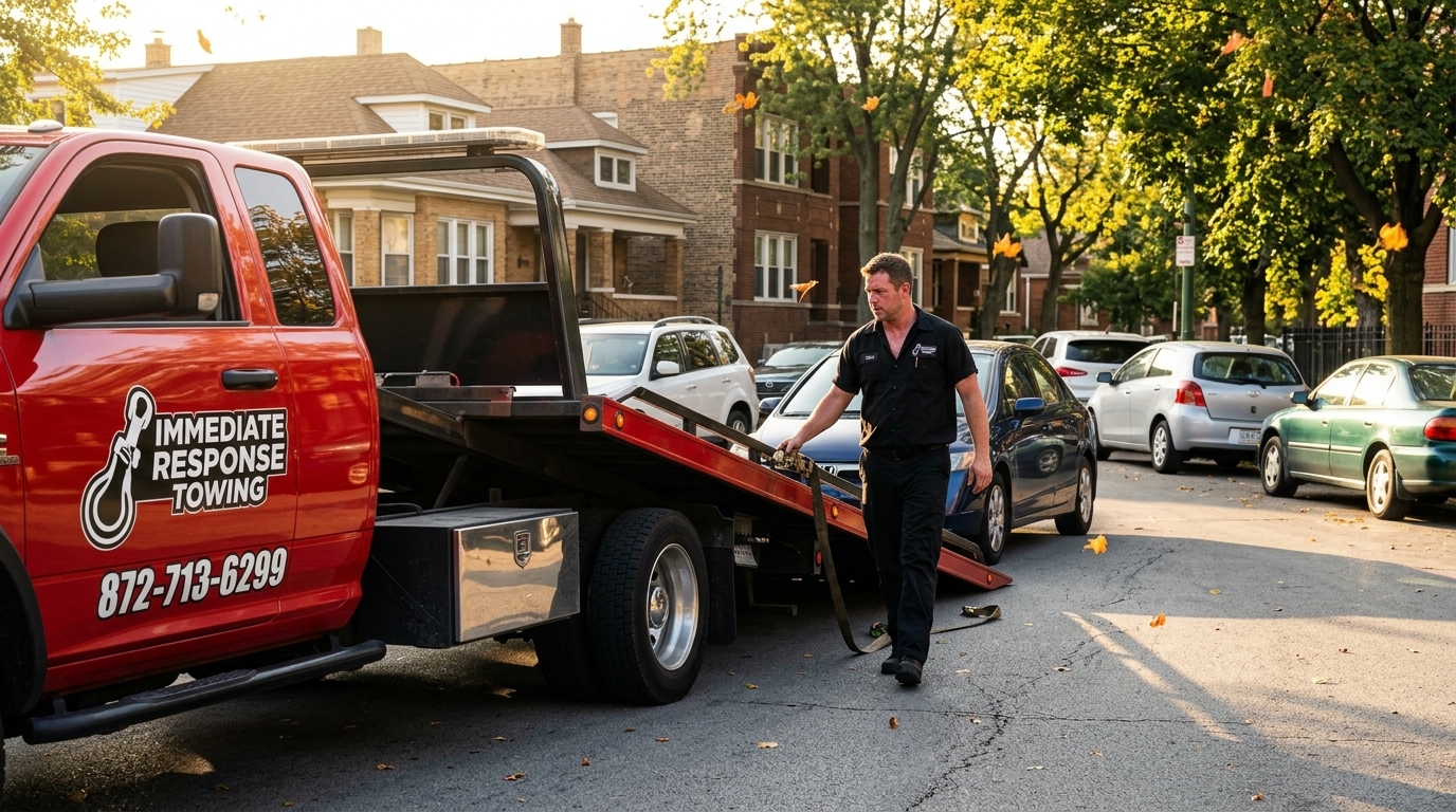 Flatbed tow truck lowered and ready to load a car using the safest towing method