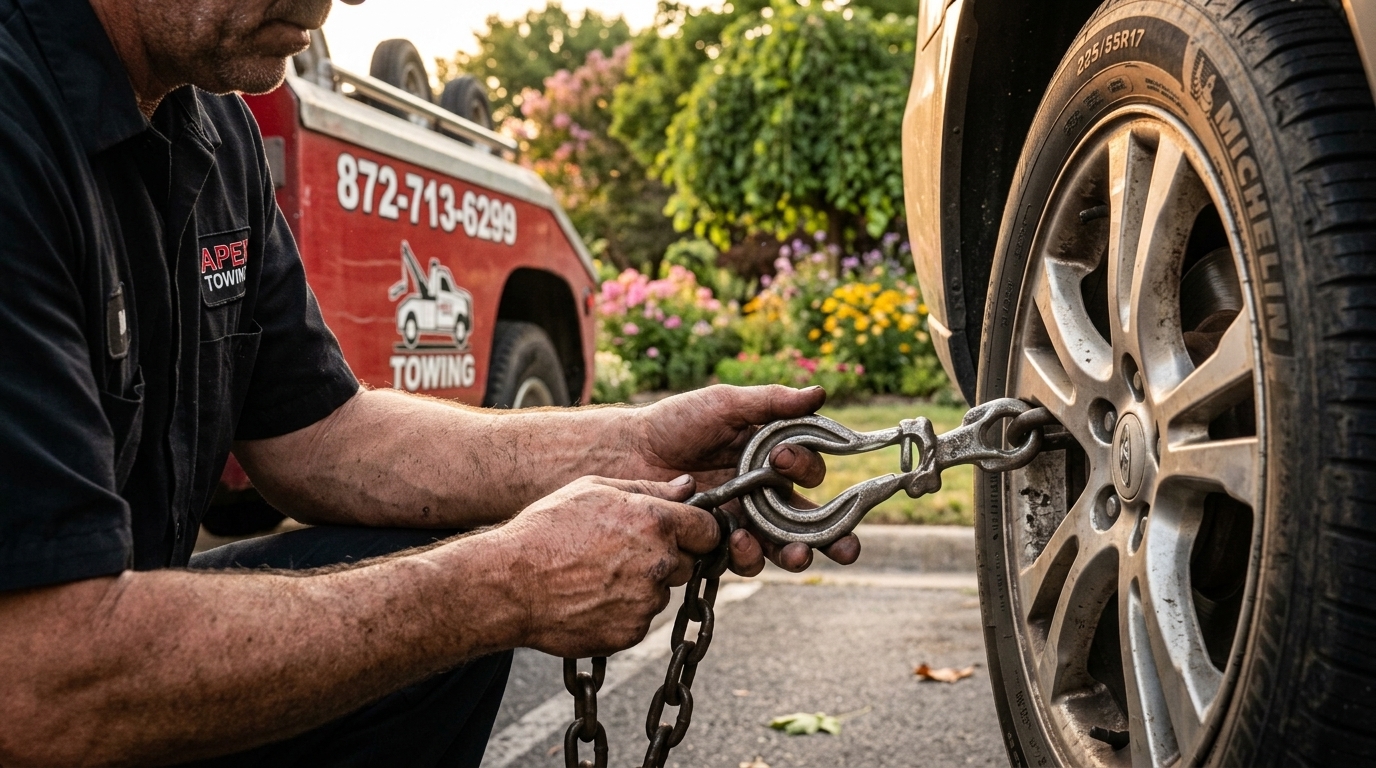 Tow operator attaching safety chains before towing a car to comply with towing laws