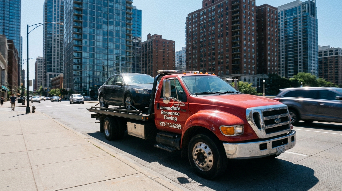 Red Immediate Response tow truck safely transporting a car across Chicago on a flatbed