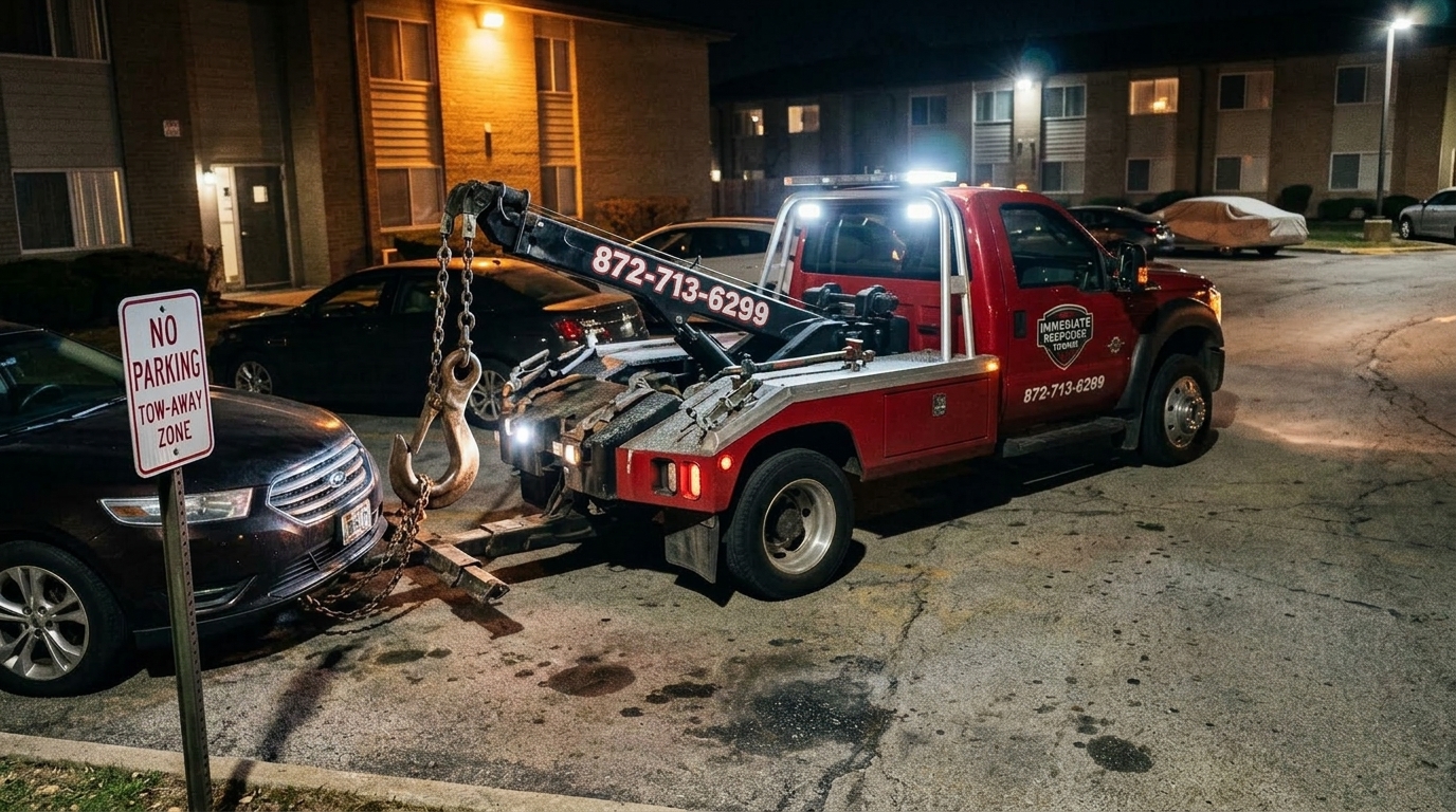 Tow truck removing an illegally parked car during a private property vehicle towing job Tow truck removing an illegally parked car during a private property vehicle towing job