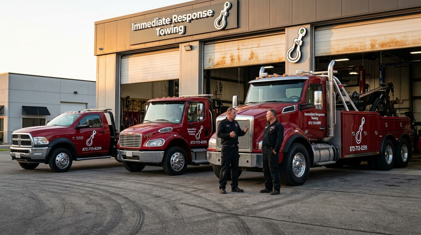 Fleet of red Immediate Response tow trucks equipped for light, medium, and heavy duty towing Fleet of red Immediate Response tow trucks equipped for light, medium, and heavy duty towing