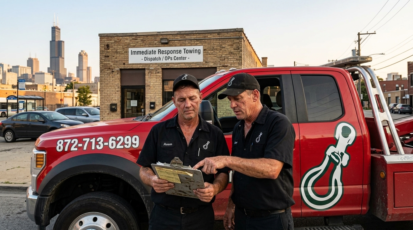 Immediate Response Towing team preparing a red tow truck for a dispatch in Chicago Immediate Response Towing team preparing a red tow truck for a dispatch in Chicago