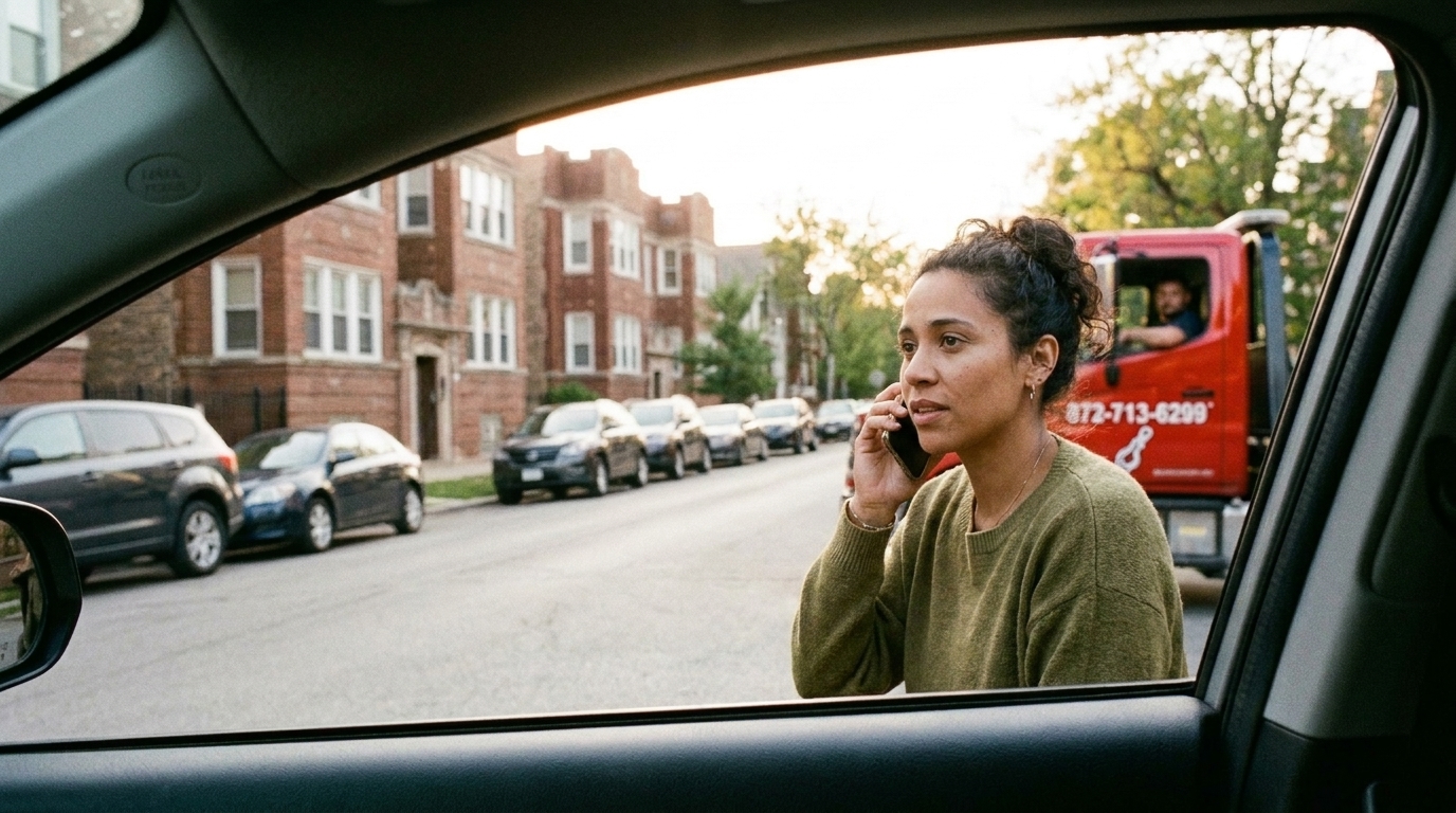 Driver calling a car towing company to ask questions before requesting a tow Driver calling a car towing company to ask questions before requesting a tow