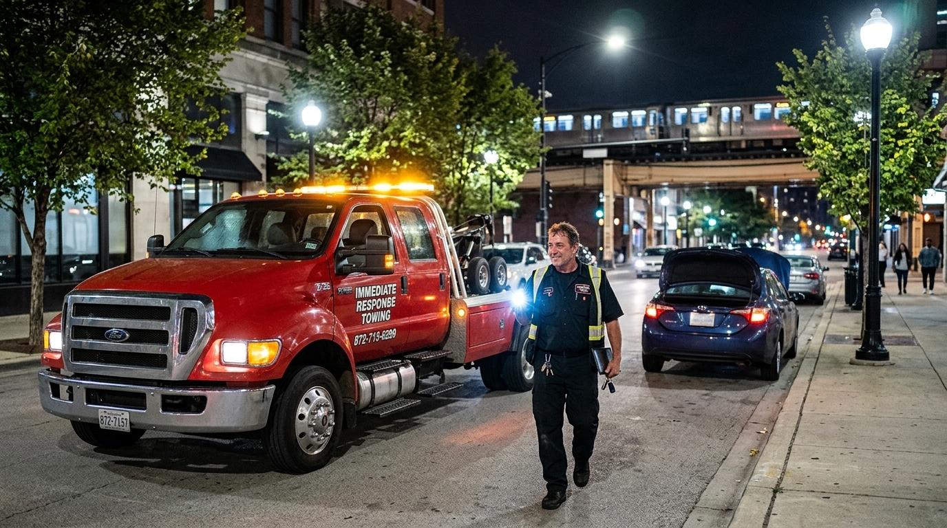 Immediate Response Towing operator responding to a same day auto towing call in Chicago Immediate Response Towing operator responding to a same day auto towing call in Chicago