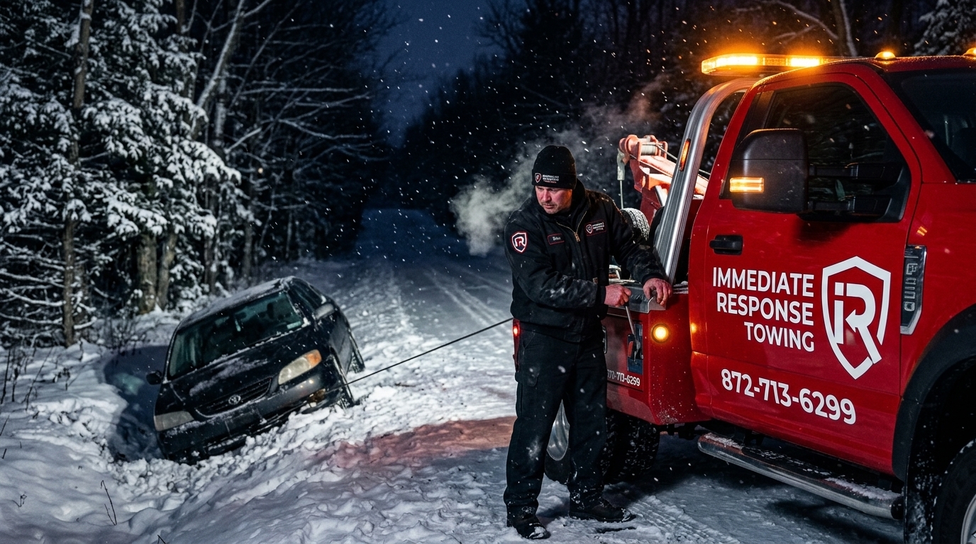 Tow truck winching a vehicle out of a snowy ditch during an auto towing call Tow truck winching a vehicle out of a snowy ditch during an auto towing call
