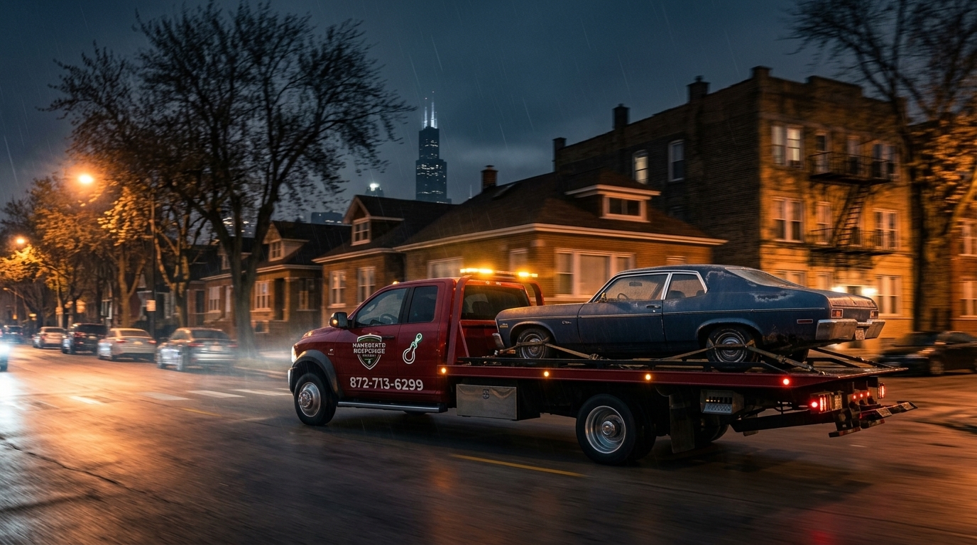 Immediate Response Towing truck removing a junk car from a Chicago neighborhood at night