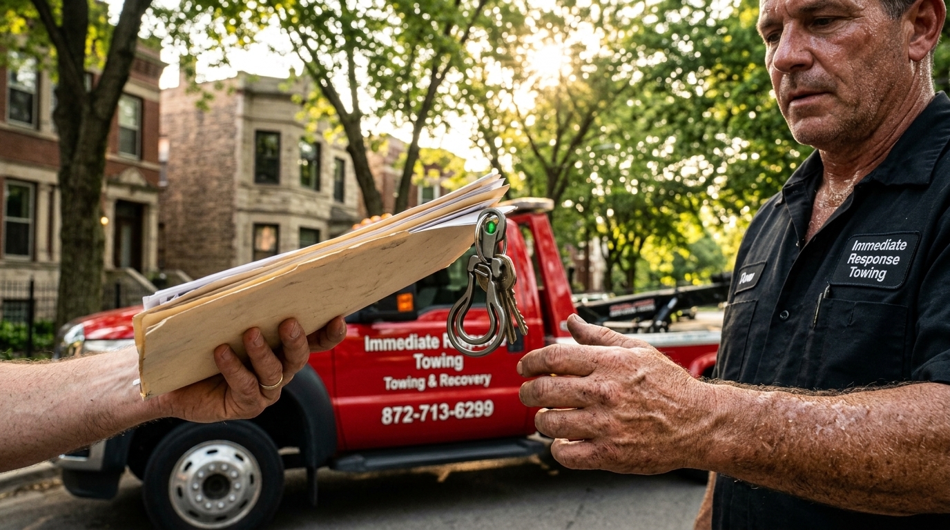 Homeowner handing over title paperwork before a junk car pickup