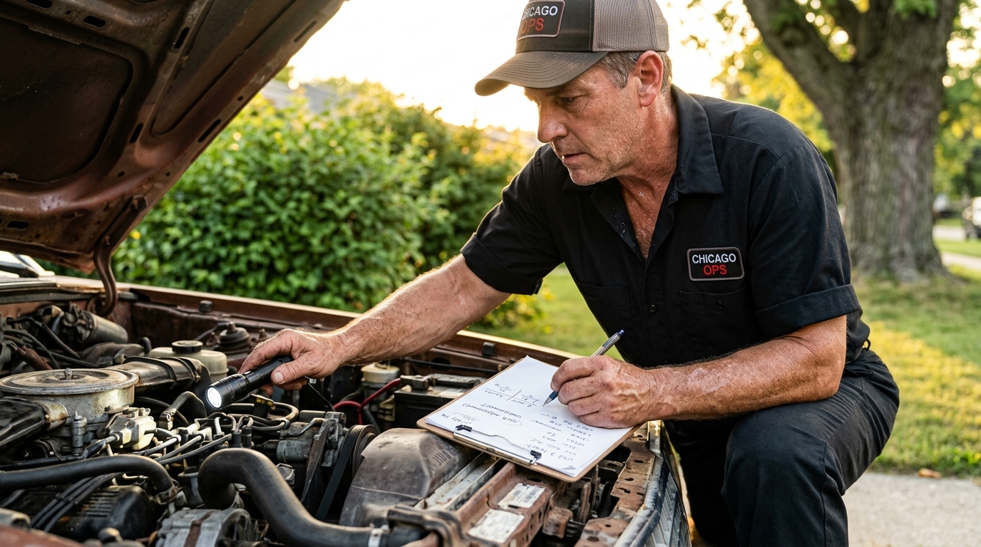 Tow operator inspecting an old vehicle to determine its junk car value