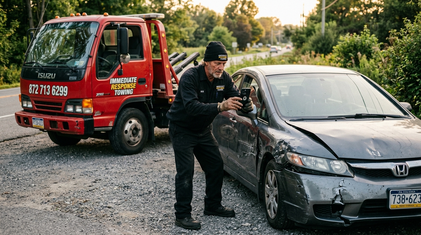 Tow operator documenting vehicle damage before an accident tow