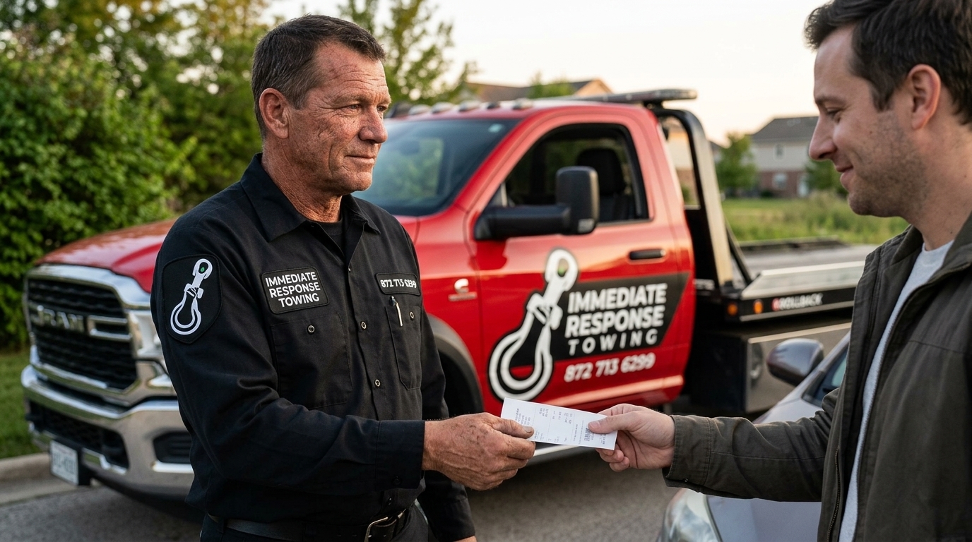 Driver receiving paperwork from a tow operator after an accident tow