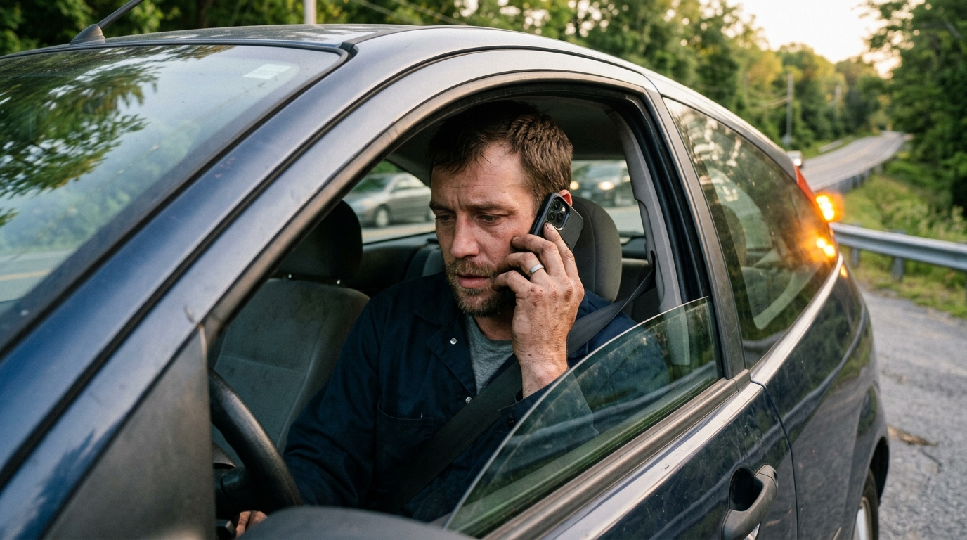 Driver calling for accident towing help after a crash