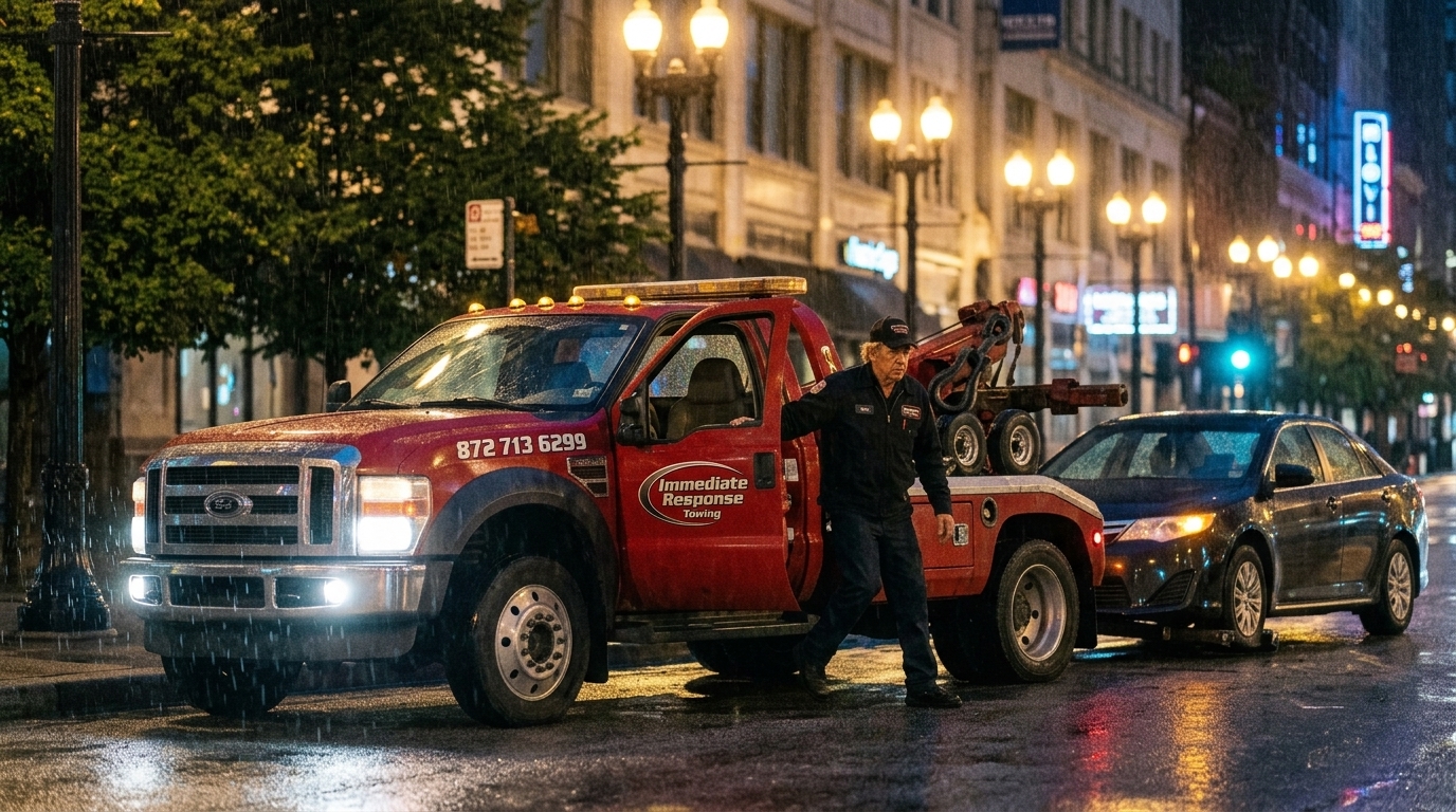 Tow truck arriving at night to assist a stranded car Tow truck arriving at night to assist a stranded car