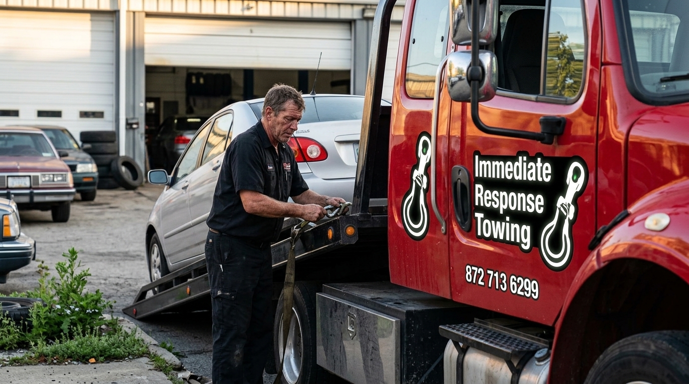 Tow truck driver unloading a car at a repair shop after a tow Tow truck driver unloading a car at a repair shop after a tow