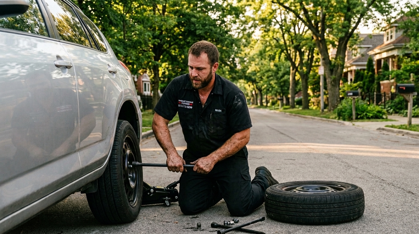 Roadside assistance technician changing a flat tire as part of full towing services