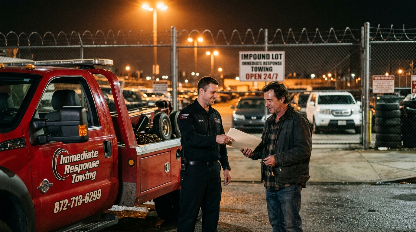 Operator assisting a customer with impound recovery as part of complete towing services