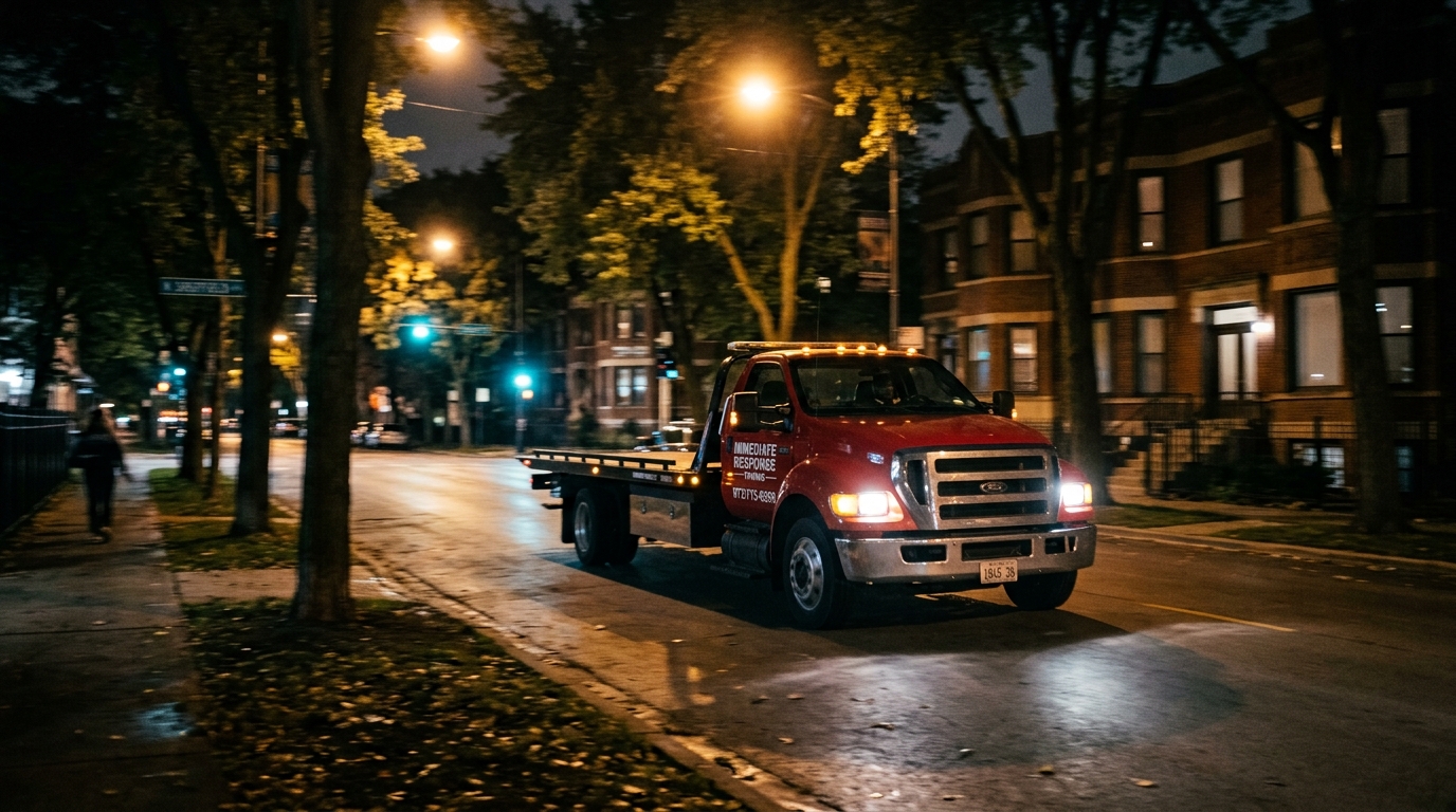 Immediate Response Towing truck responding to a 24 7 towing services call at night
