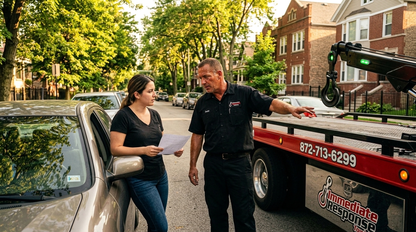 Driver asking questions to confirm an accurate car tow quote before service