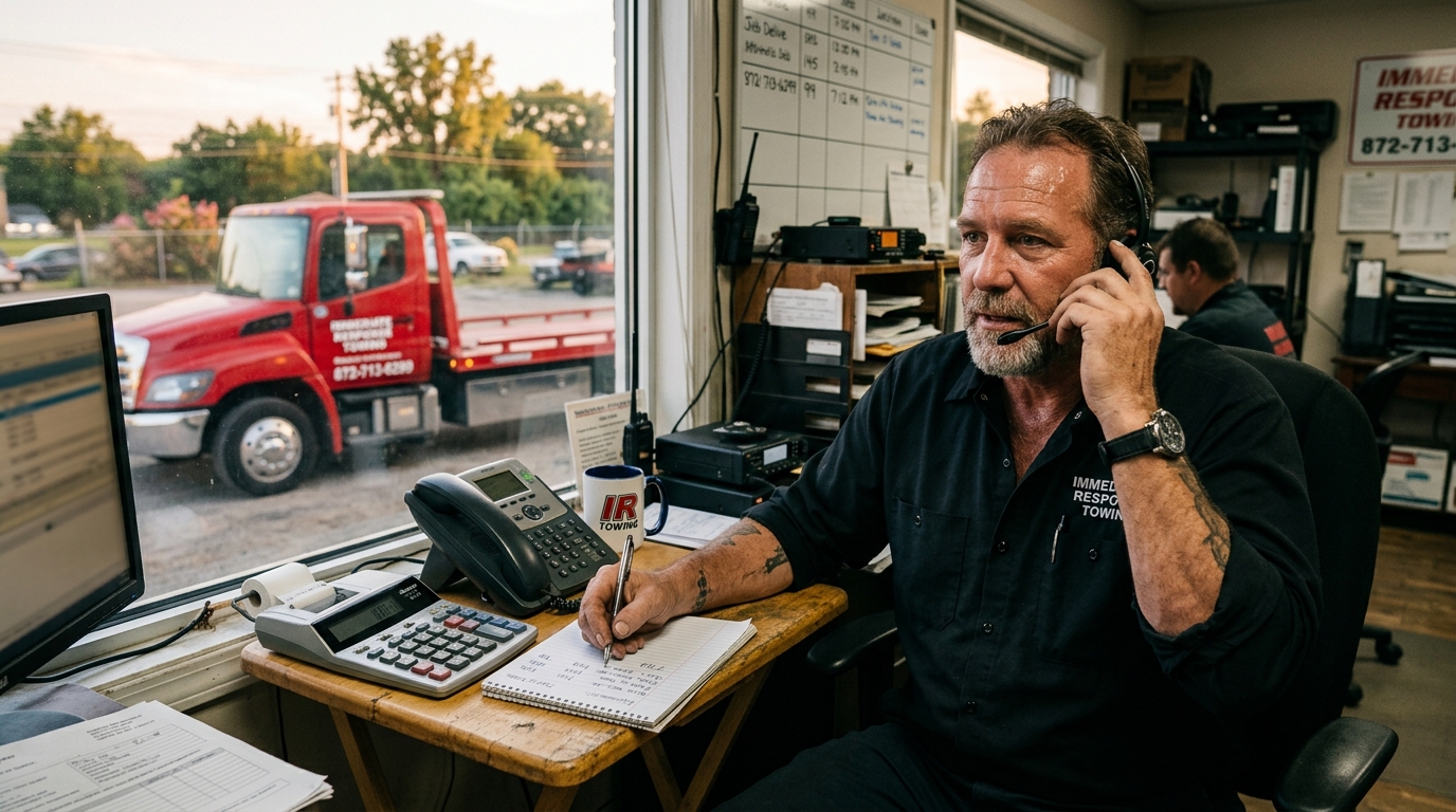 Dispatcher calculating a car tow quote based on distance and vehicle type