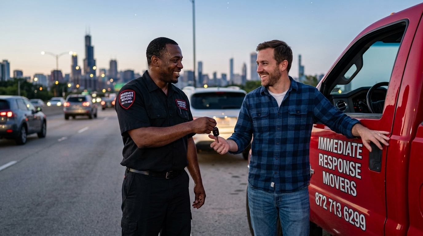 Tow truck driver returning keys to a customer after completing a towing service in Chicago