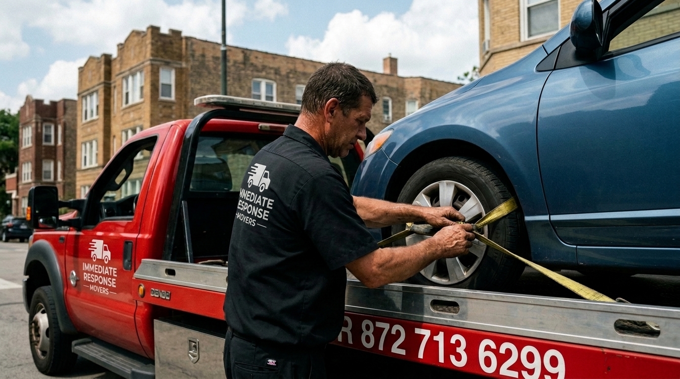 Tow truck driver securing a car onto a flatbed for towing in Chicago