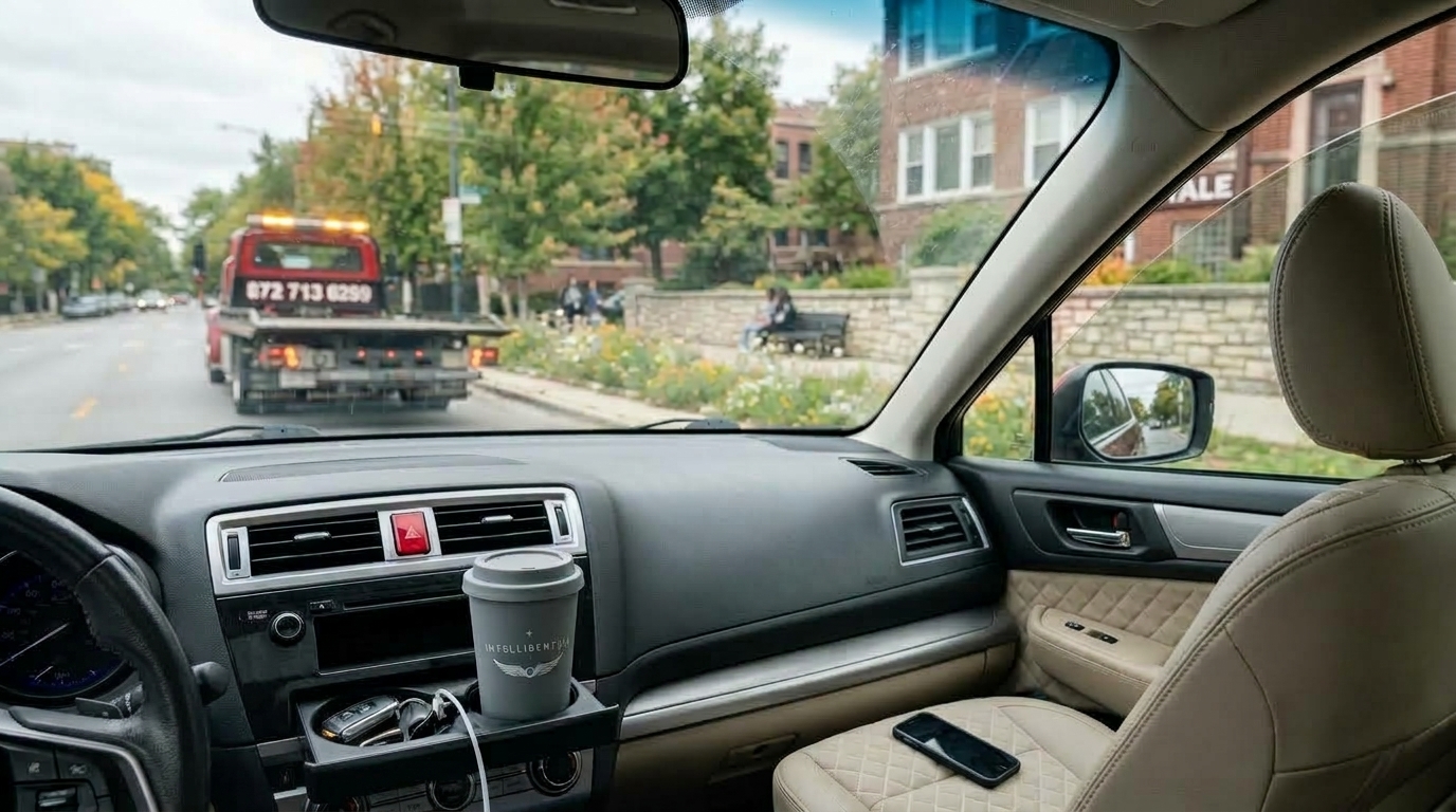 view of a immediate response movers moving truck from within a car
