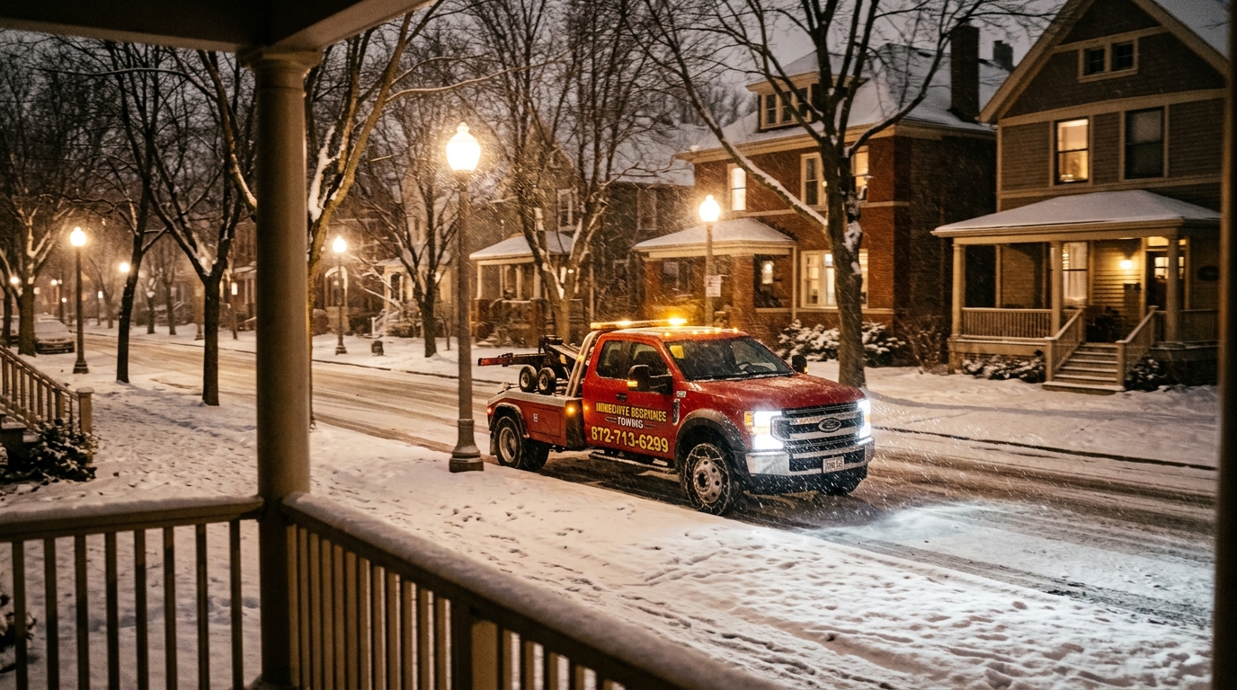 Immediate Response Towing truck responding to a winter towing call in Chicago Immediate Response Towing truck responding to a winter towing call in Chicago