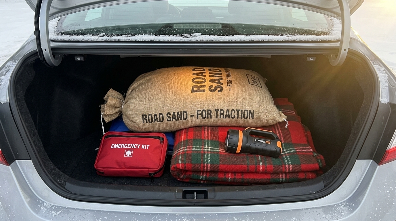 Winter emergency kit kept in a car trunk for cold weather breakdowns Winter emergency kit kept in a car trunk for cold weather breakdowns
