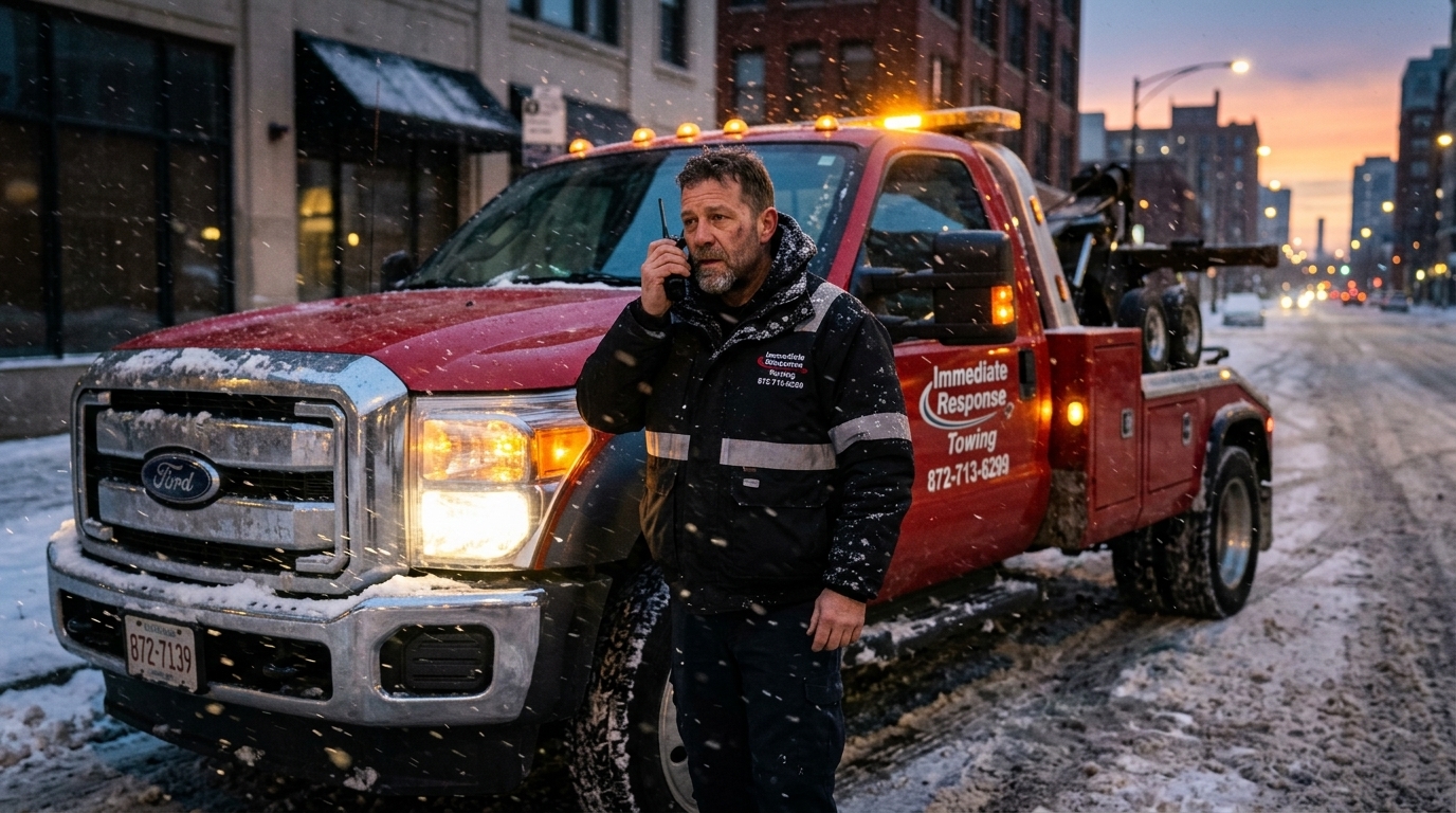 Dispatcher coordinating a tow company response during a winter storm in Chicago Dispatcher coordinating a tow company response during a winter storm in Chicago