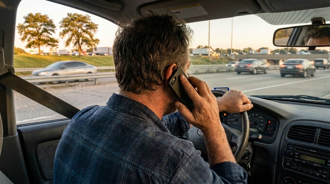 Driver calling for a tow after his car breaks down on a Chicago expressway