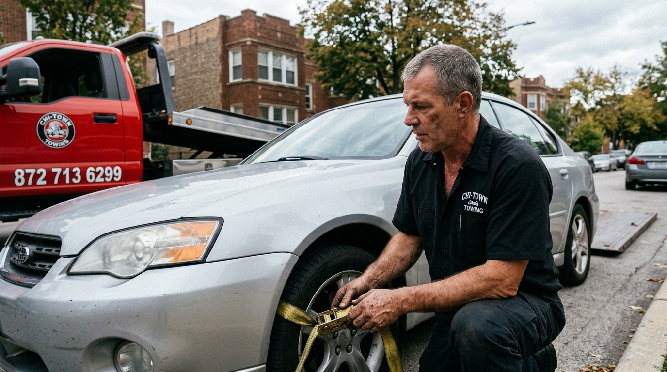 Tow truck driver preparing to safely load a car onto a flatbed in Chicago