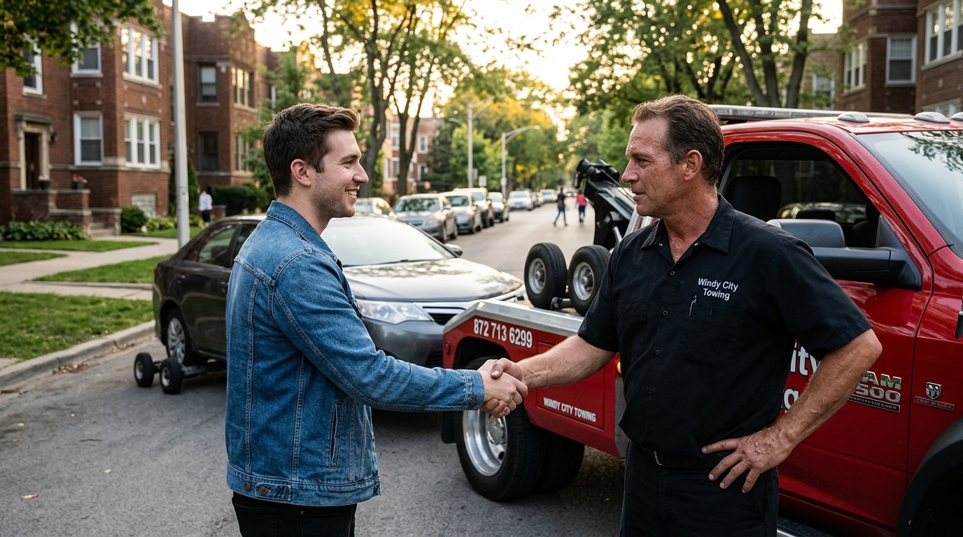 Grateful driver thanking the tow truck driver after his car was safely towed in Chicago