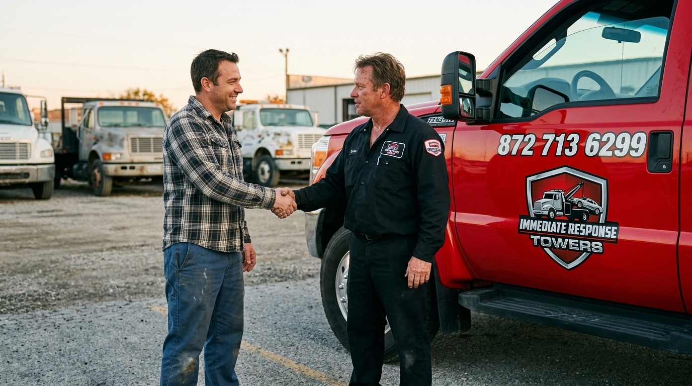 Business owner thanking the driver after his commercial truck was safely towed