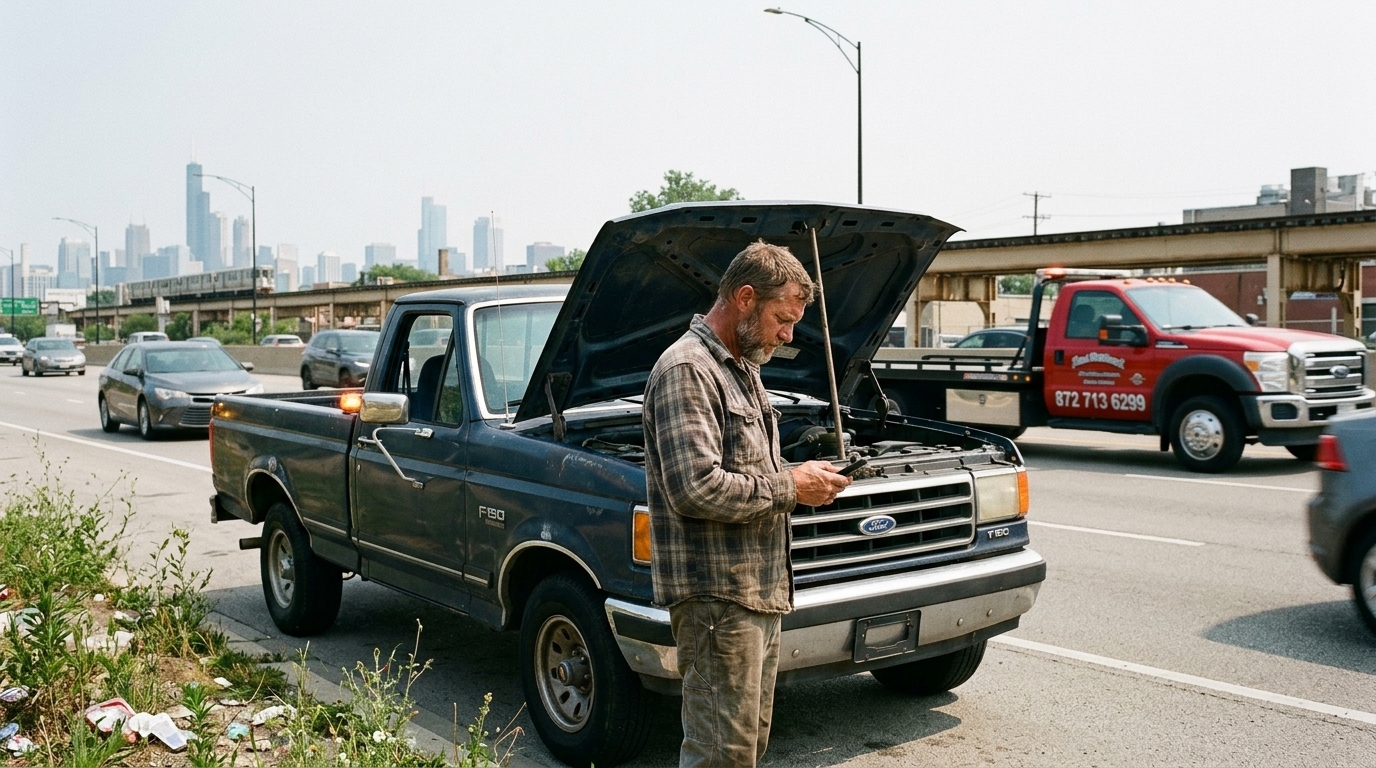 Pickup truck broken down on a Chicago road waiting for a truck towing service