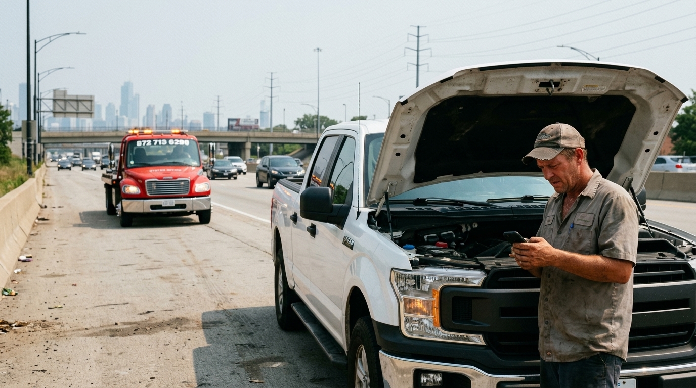 Tow truck driver loading a delivery truck using heavy duty towing equipment