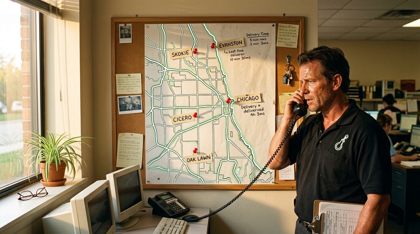 Dispatch map showing the Chicago area towns covered by a local towing company Dispatch map showing the Chicago area towns covered by a local towing company