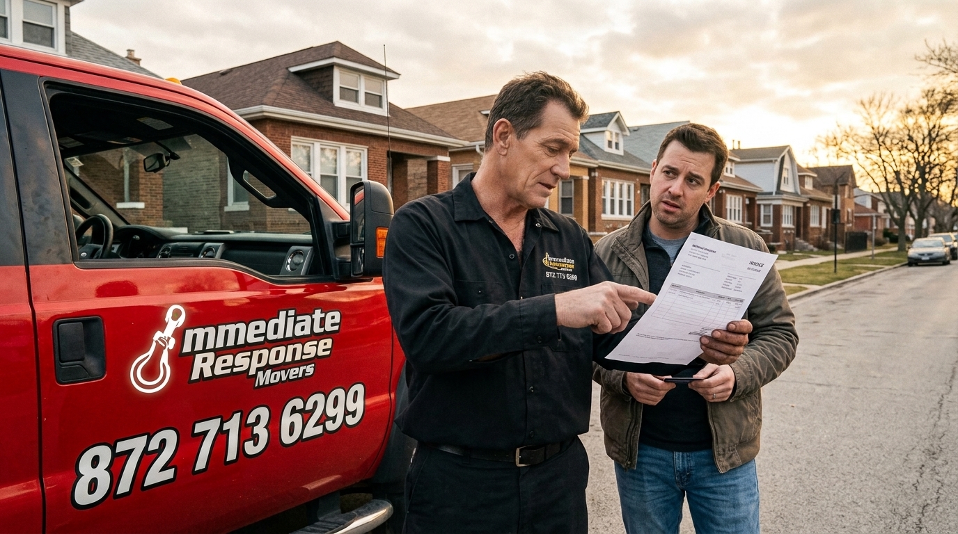 Tow truck driver explaining towing service pricing to a customer in Chicago