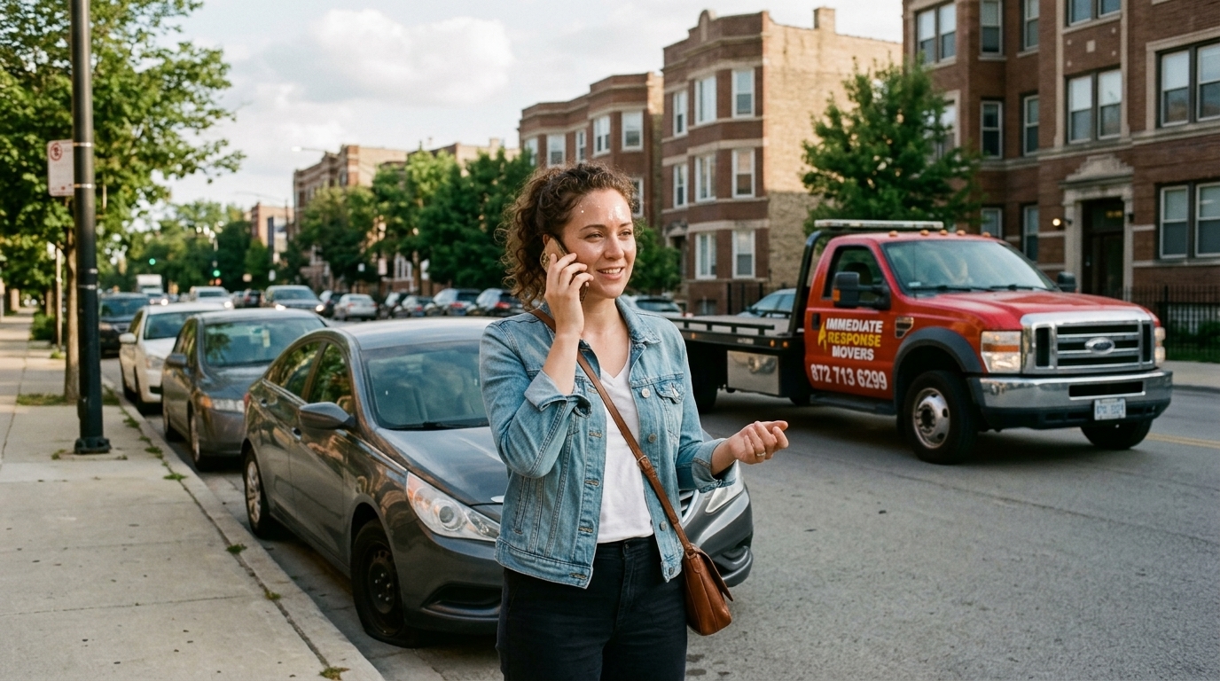 Driver checking her phone for vehicle towing service pricing information in Chicago