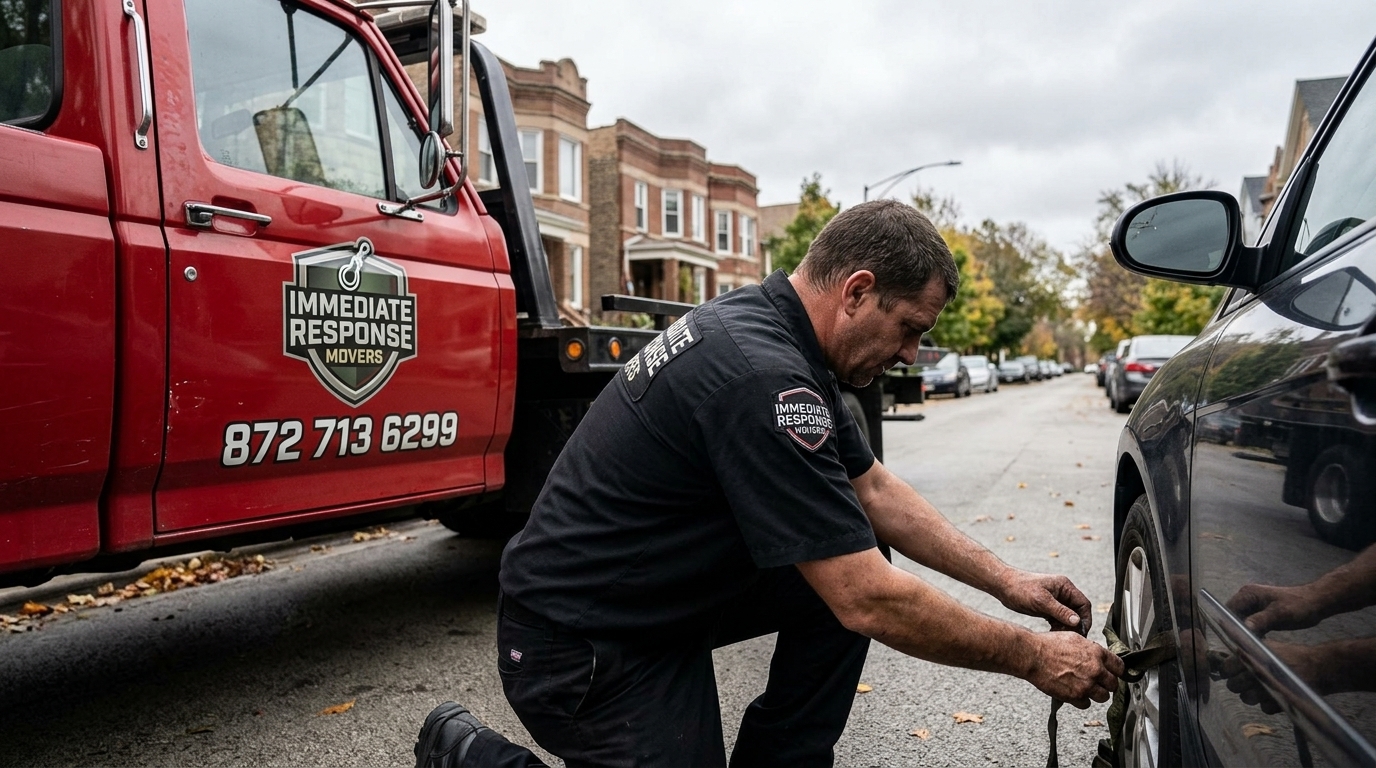 Immediate Response Movers driver inspecting a car before loading it for a tow