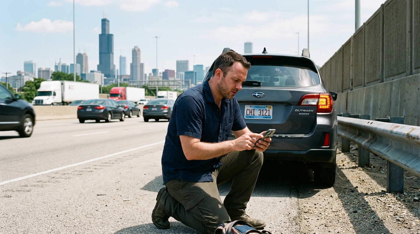 Driver checking his exact location before calling a towing company in Chicago