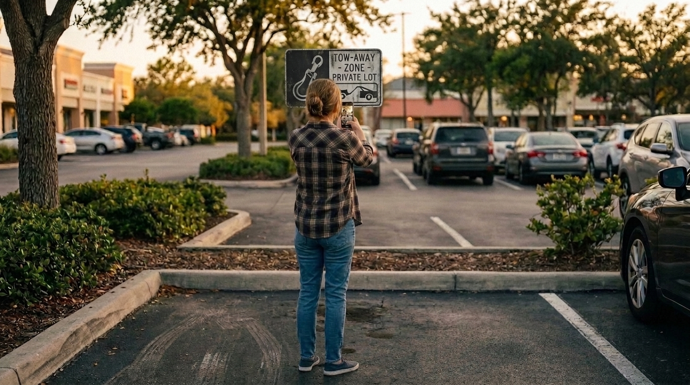 Driver photographing signage after their car was towed from a private Chicago lot